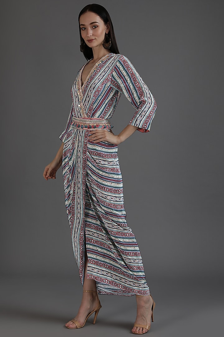 Multi-Colored Crepe Printed & Embroidered Draped Dhoti Dress With Belt by Preeti S Kapoor