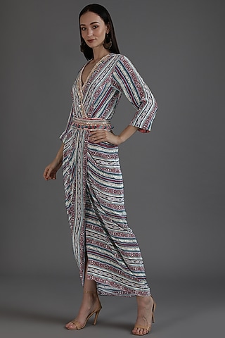 Multi-Colored Crepe Printed & Embroidered Draped Dhoti Dress With Belt by Preeti S Kapoor