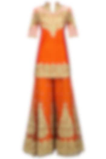 Orange and Gold Embroidered Sharara Set by Preeti S Kapoor