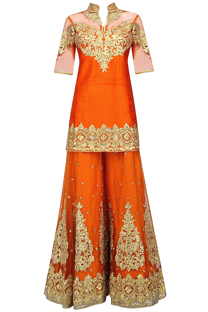 Orange and Gold Embroidered Sharara Set by Preeti S Kapoor