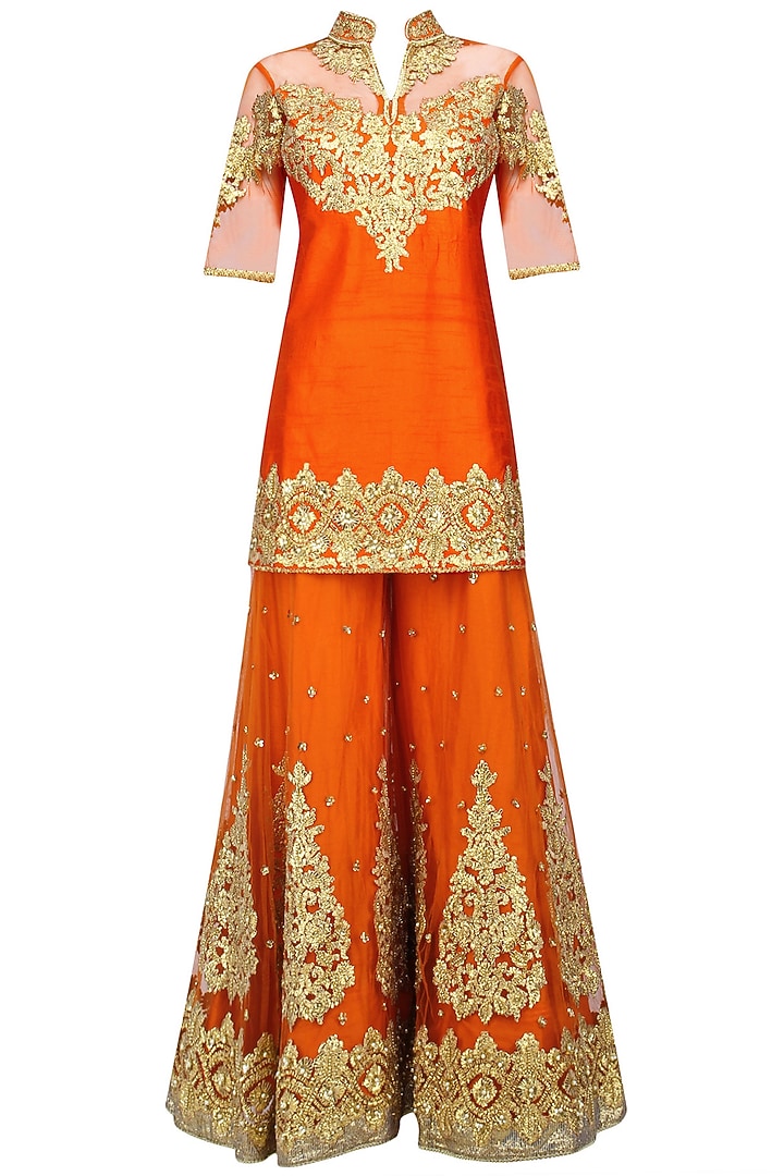 Orange and gold embroidered sharara set available only at Pernia's Pop Up Shop.