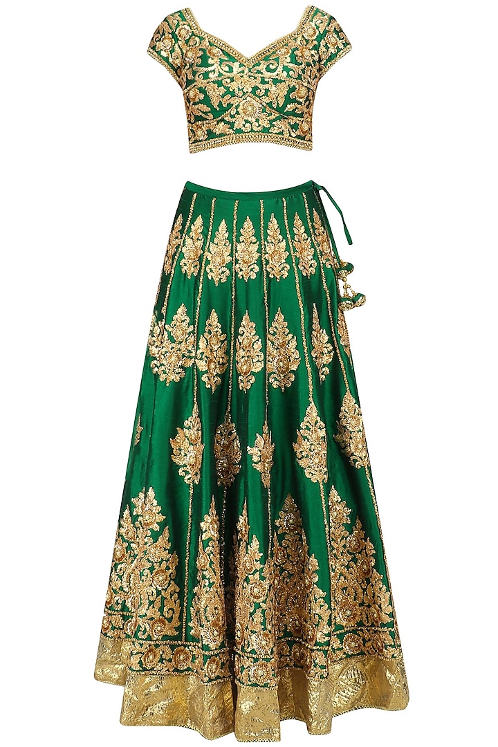 Green and Gold Embroidered Lehenga Set by Preeti S Kapoor