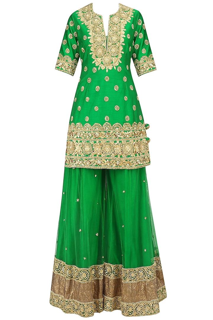 Green and Gold Embroidered Sharara Set by Preeti S Kapoor