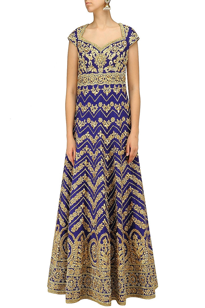 Blue gota patti embroidered anarkali set available only at Pernia's Pop Up Shop.