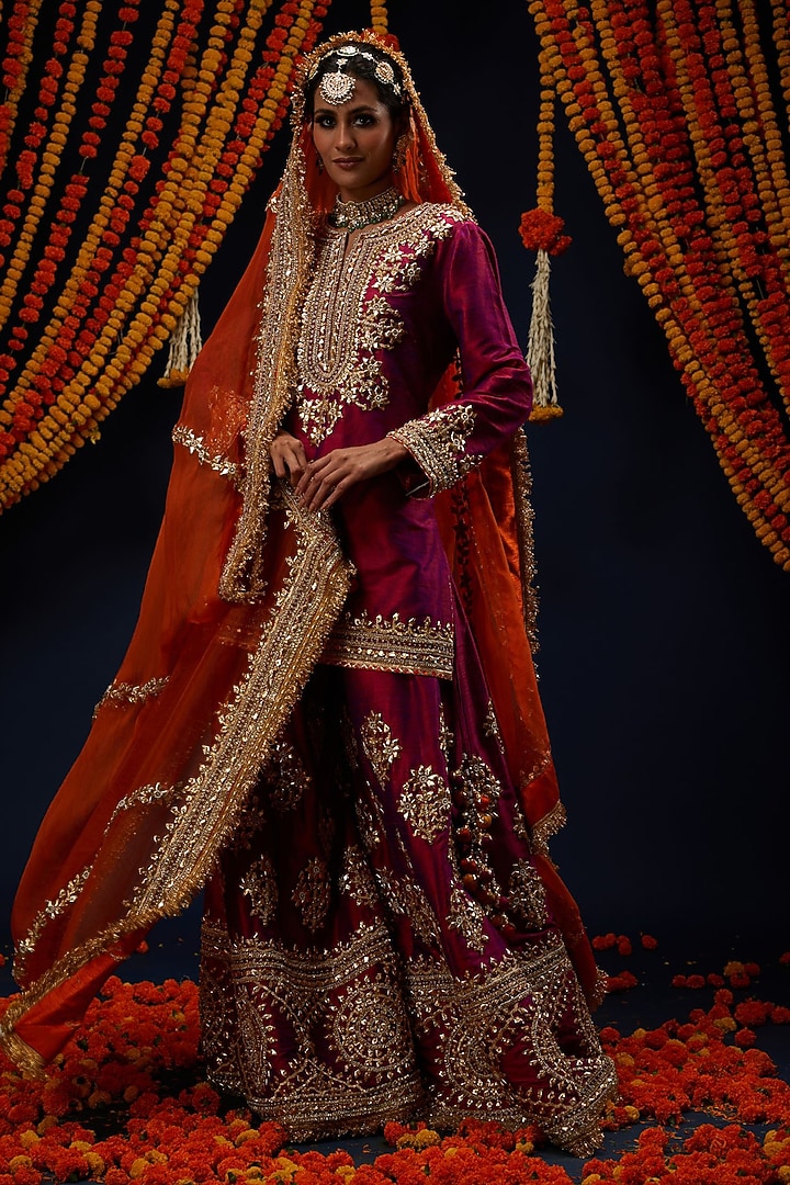Wine Magenta Raw Silk Floral Embroidered Bridal Sharara Set by Preeti S Kapoor at Pernia's Pop Up Shop