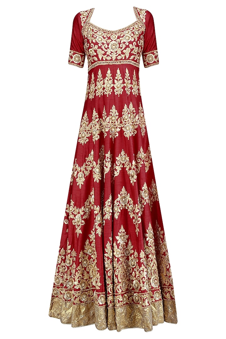 Red and Gold Gota Patti Embroidered Floral Motifs Anarkali Set by Preeti S Kapoor