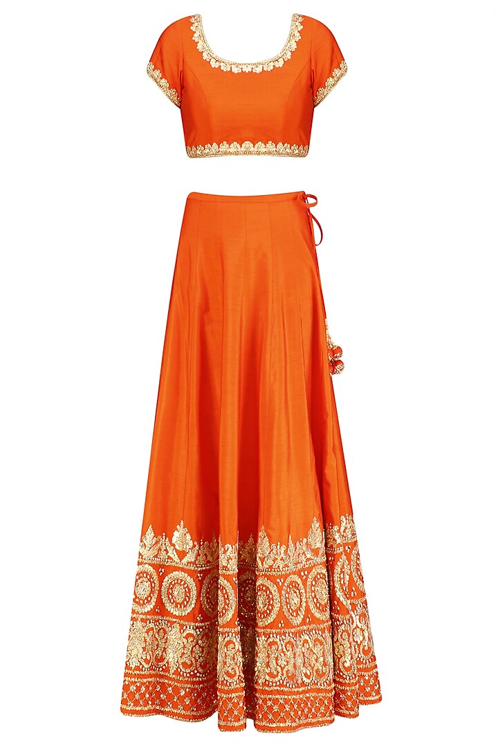 Orange and gold gota patti embroidered lehenga set available only at Pernia's Pop Up Shop.