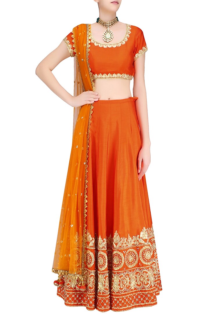 Orange and gold gota patti embroidered lehenga set available only at Pernia's Pop Up Shop.