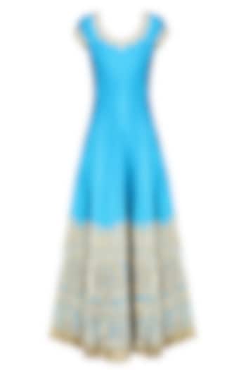 Turquoise Blue and Gold Gota Patti Embroidered Anarkali Set by Preeti S Kapoor