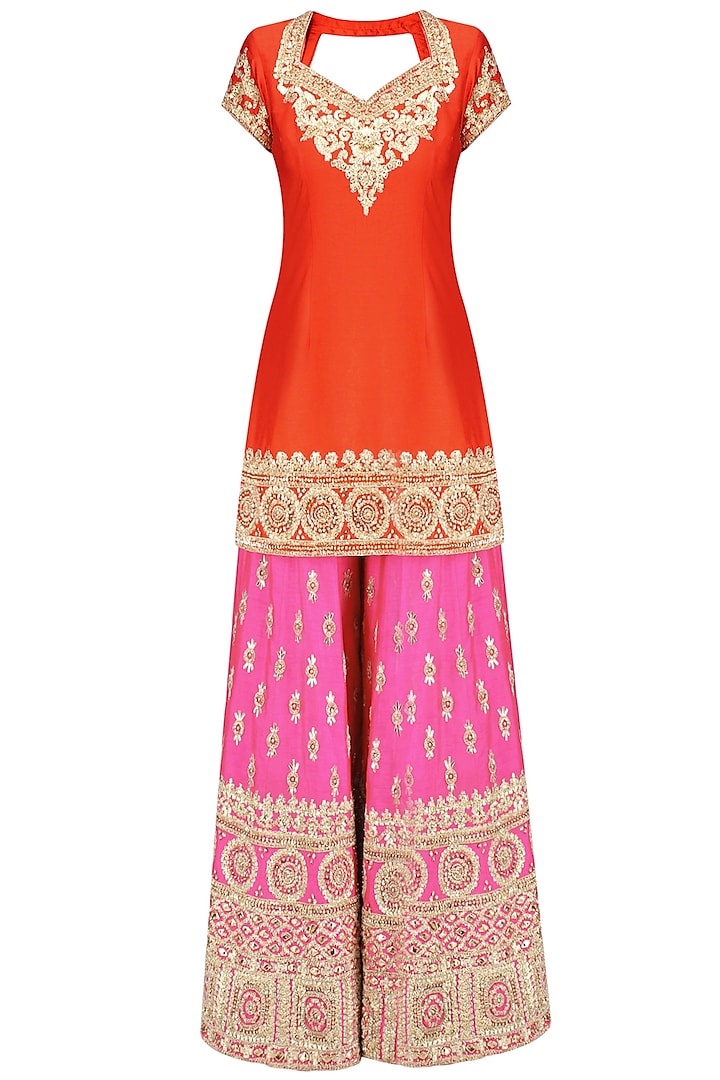 Orange Gota Patti Embroidered Kurta and Hot Pink Sharara Pants Set by Preeti S Kapoor
