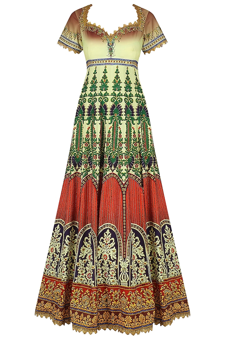 Red, Off White and Green Ombre Gota Embroidered Anarkali Set by Preeti S Kapoor