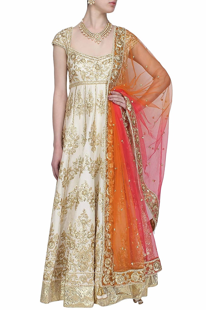 Off white gota patti embroidered floral motifs anarkali set available only at Pernia's Pop Up Shop.