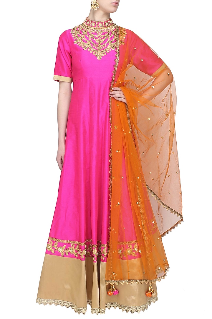 Pink gota patti embroidered anarkali set available only at Pernia's Pop Up Shop.