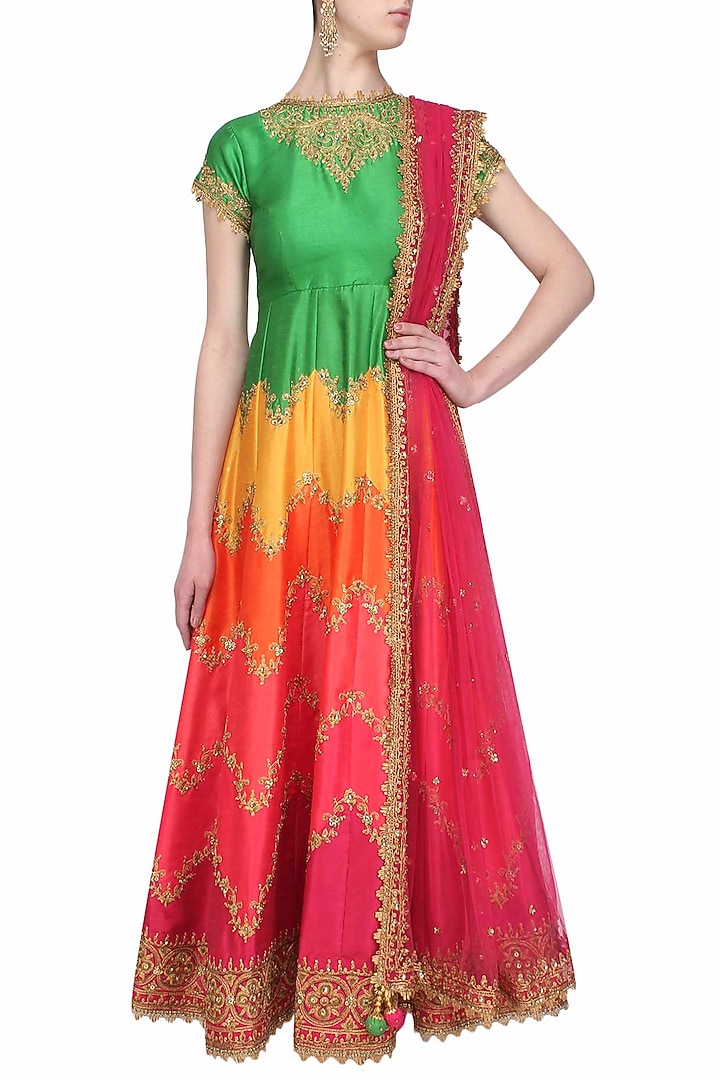 Multicoloured zigzag gota patti embroidered anarkali set available only at Pernia's Pop Up Shop.