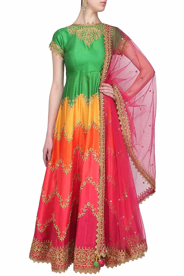 Multicoloured zigzag gota patti embroidered anarkali set available only at Pernia's Pop Up Shop.