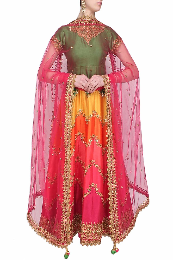 Multicoloured zigzag gota patti embroidered anarkali set available only at Pernia's Pop Up Shop.