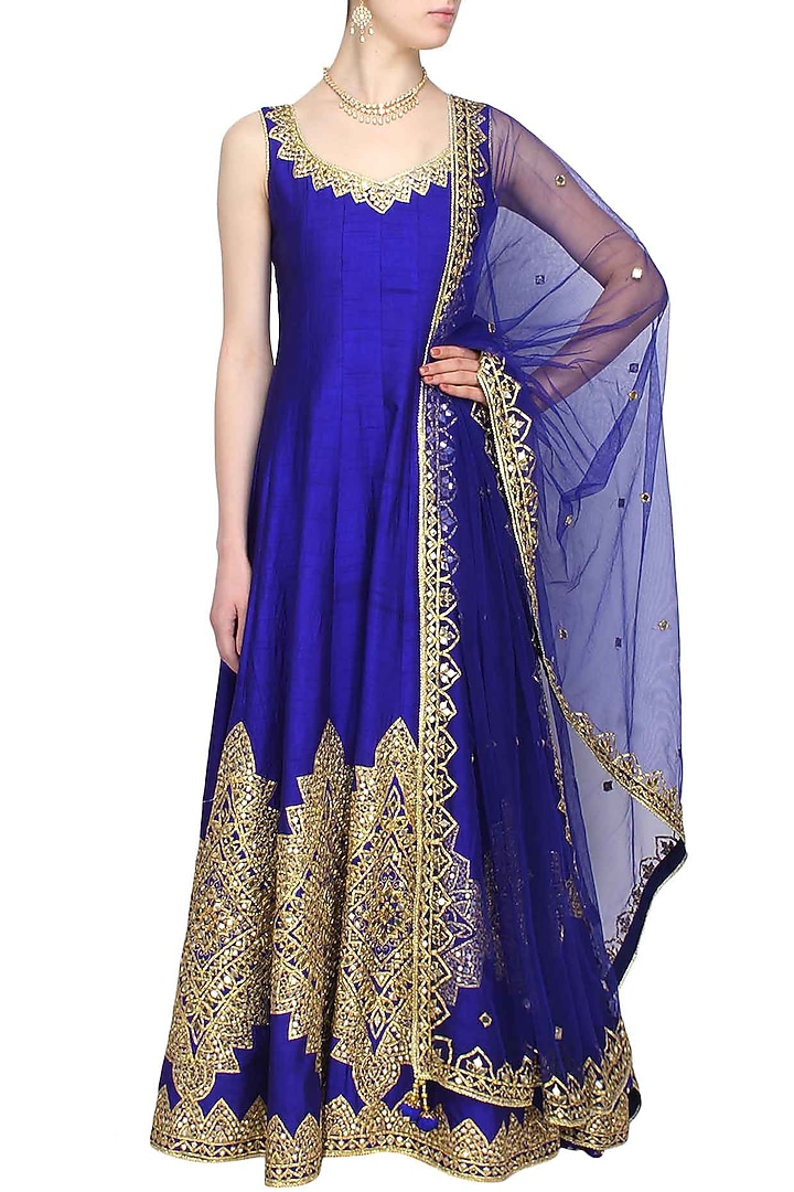Blue mirror work and gota patti embroidered anarkali set available only at Pernia's Pop Up Shop.