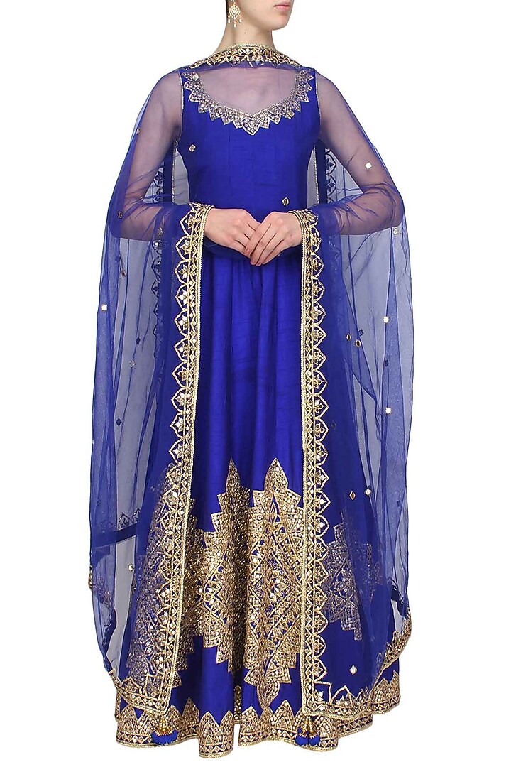 Blue mirror work and gota patti embroidered anarkali set available only at Pernia's Pop Up Shop.