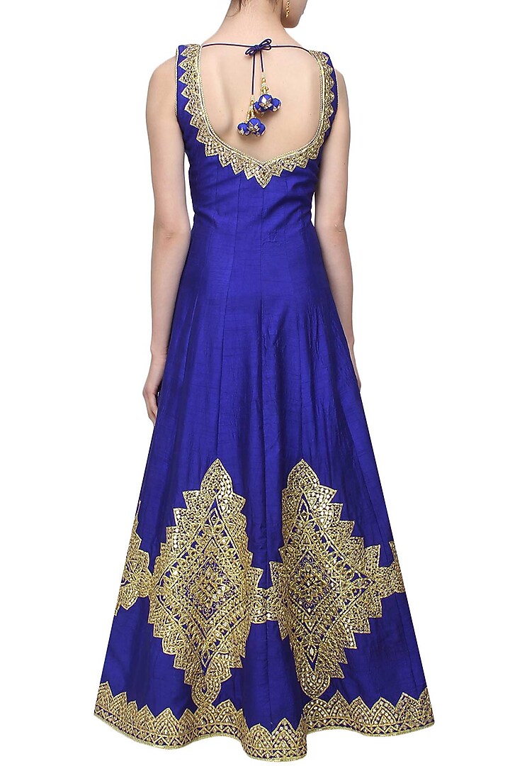 Blue mirror work and gota patti embroidered anarkali set available only at Pernia's Pop Up Shop.