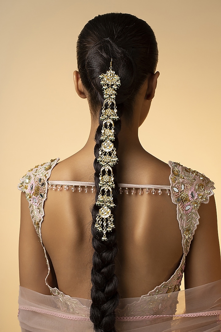 Gold Plated Kundan Polki & Shell Pearls Handcrafted Braid Pin by Paisley Pop at Pernia's Pop Up Shop