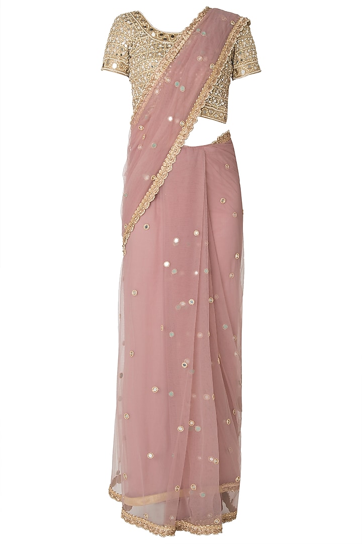 Lilac Mirror and Pearls Embellished Saree with Blouse by Priti Sahni