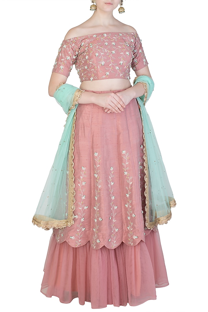 Nude pink embroidered lehenga set available only at Pernia's Pop Up Shop.