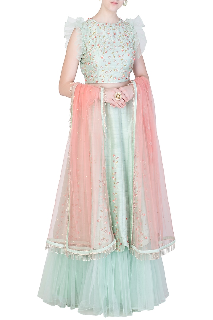 Mint green and peach embroidered lehenga set available only at Pernia's Pop Up Shop.