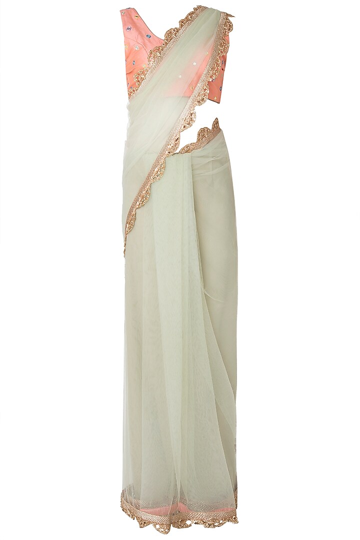 Dust Green and Peach Embellished Saree with Blouse by Priti Sahni