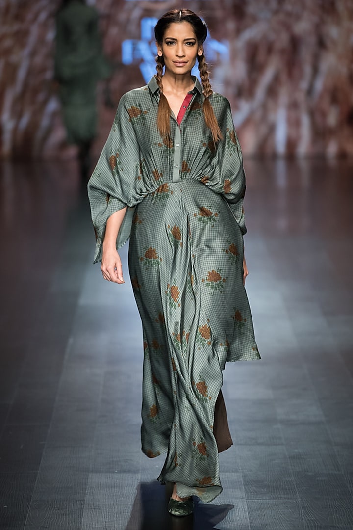 Green Printed Asymmetric Kimono Dress by Pinnacle by Shruti Sancheti