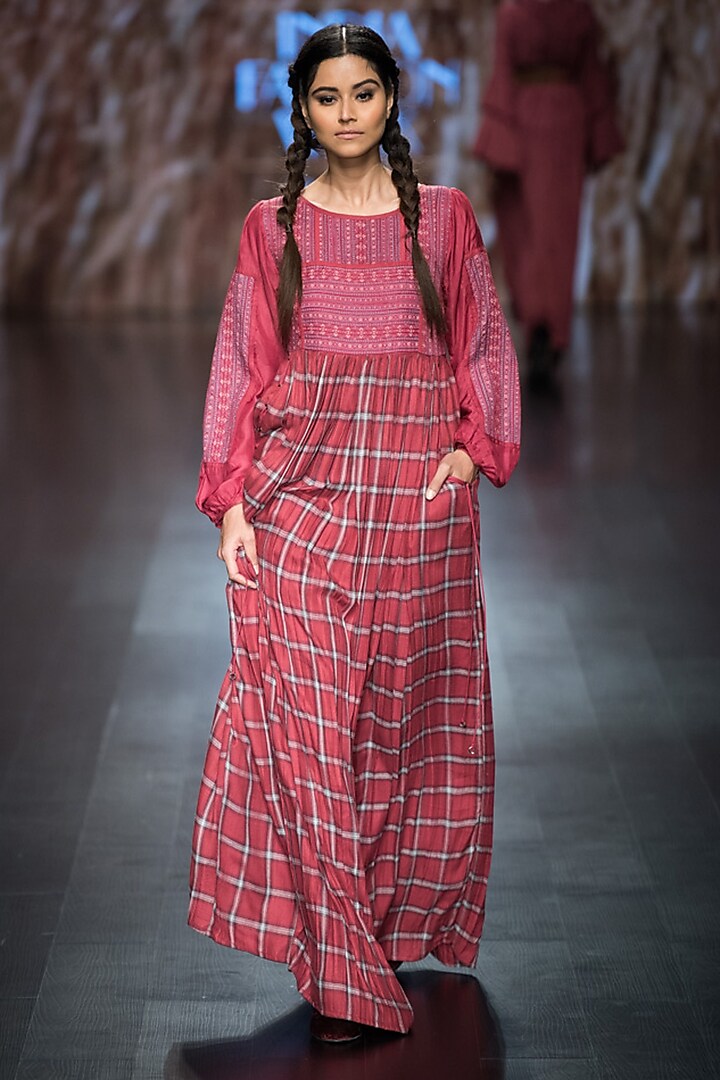 Red Checkered Printed Maxi Dress by Pinnacle by Shruti Sancheti