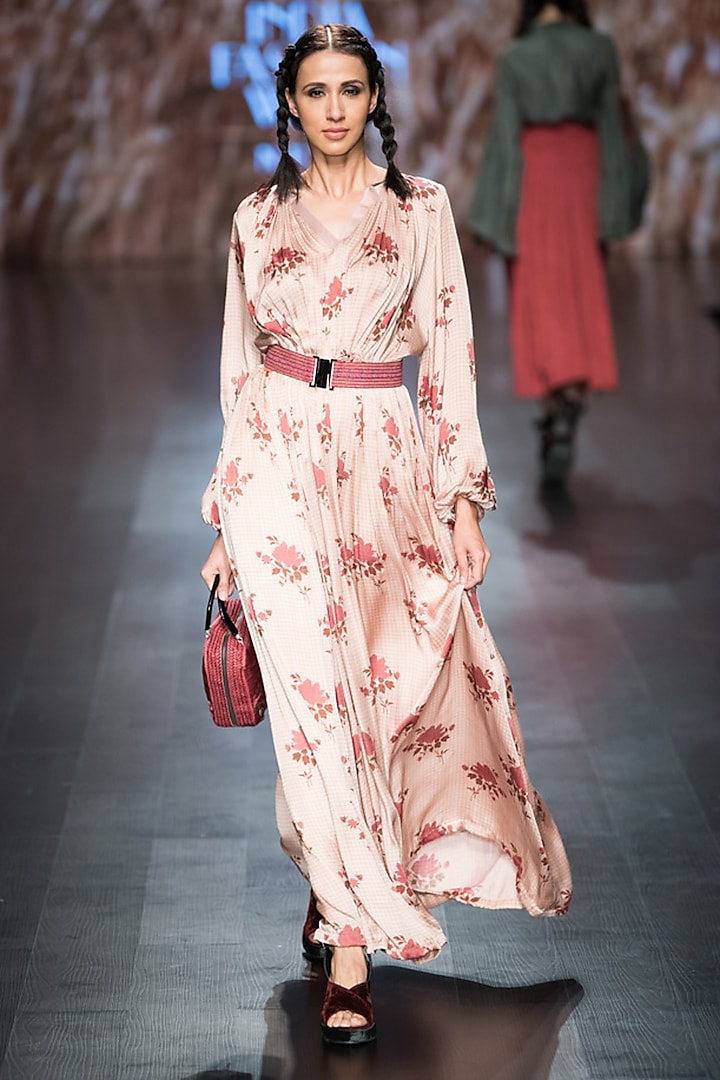 Pink Apple Blossom Print Maxi Dress by Pinnacle by Shruti Sancheti