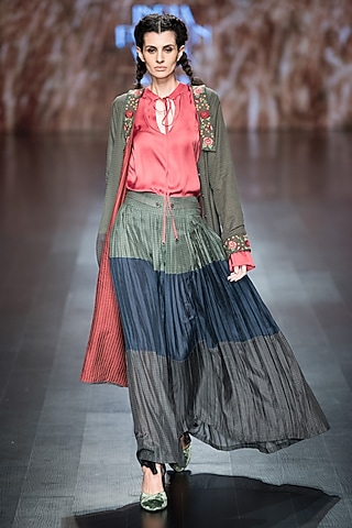 Multicolor Blocked Pleated Maxi Skirt by Pinnacle by Shruti Sancheti