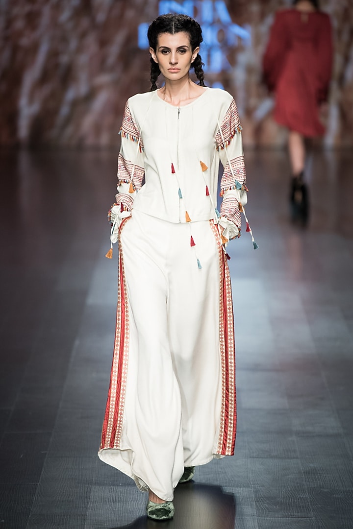 Off White Embroidered Palazzo Pants by Pinnacle by Shruti Sancheti