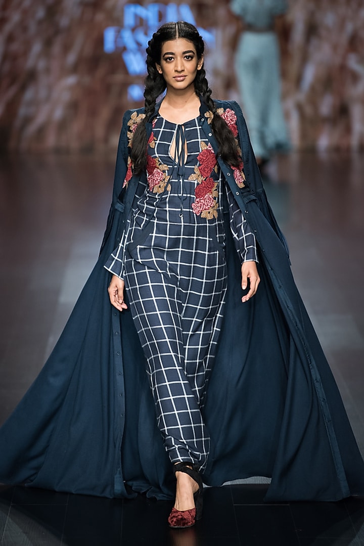 Blue Appliqued Checkered Dress by Pinnacle by Shruti Sancheti