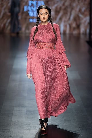 Deep Red Gathered Maxi Dress by Pinnacle by Shruti Sancheti