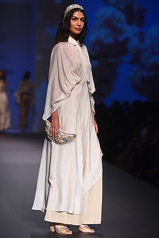 Ecru Kimono Draped Dress with Flared Pants by Pinnacle By Shruti Sancheti