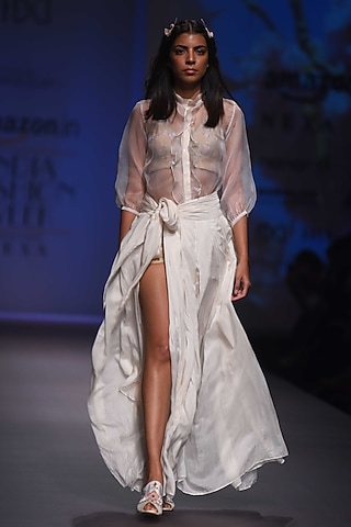 Ecru Shirt with Tieup Skirt by Pinnacle By Shruti Sancheti