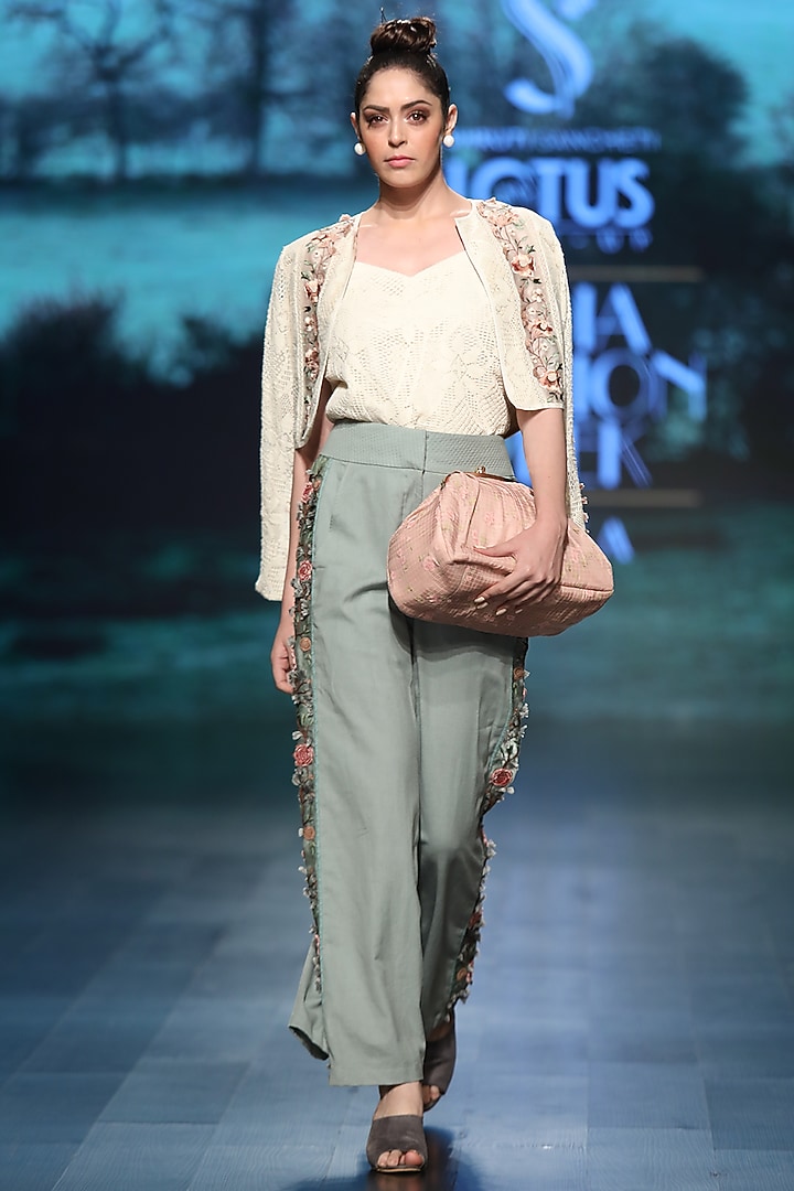 Light beige embroidered crop jacket with top by Pinnacle By Shruti Sancheti at Pernia's Pop Up Shop