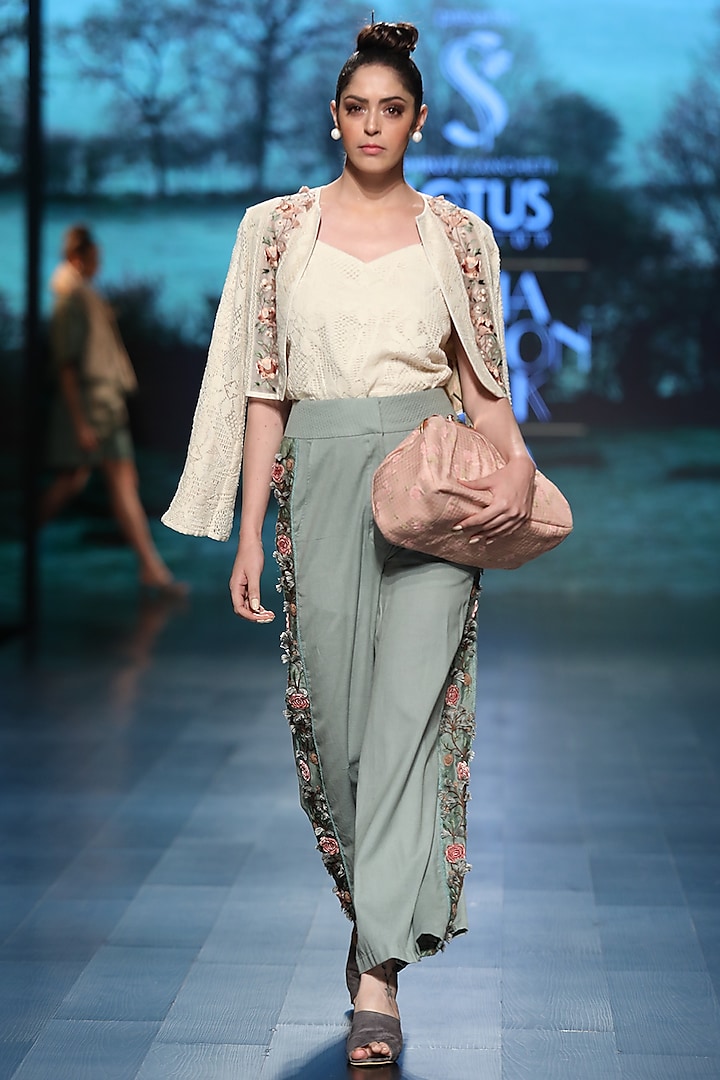 Light beige embroidered crop jacket with top by Pinnacle By Shruti Sancheti