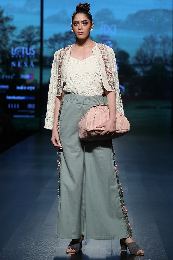 Light beige embroidered crop jacket with top by Pinnacle By Shruti Sancheti at Pernia's Pop Up Shop