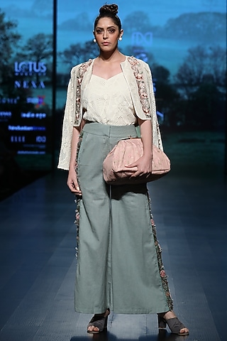 Light beige embroidered crop jacket with top by Pinnacle By Shruti Sancheti