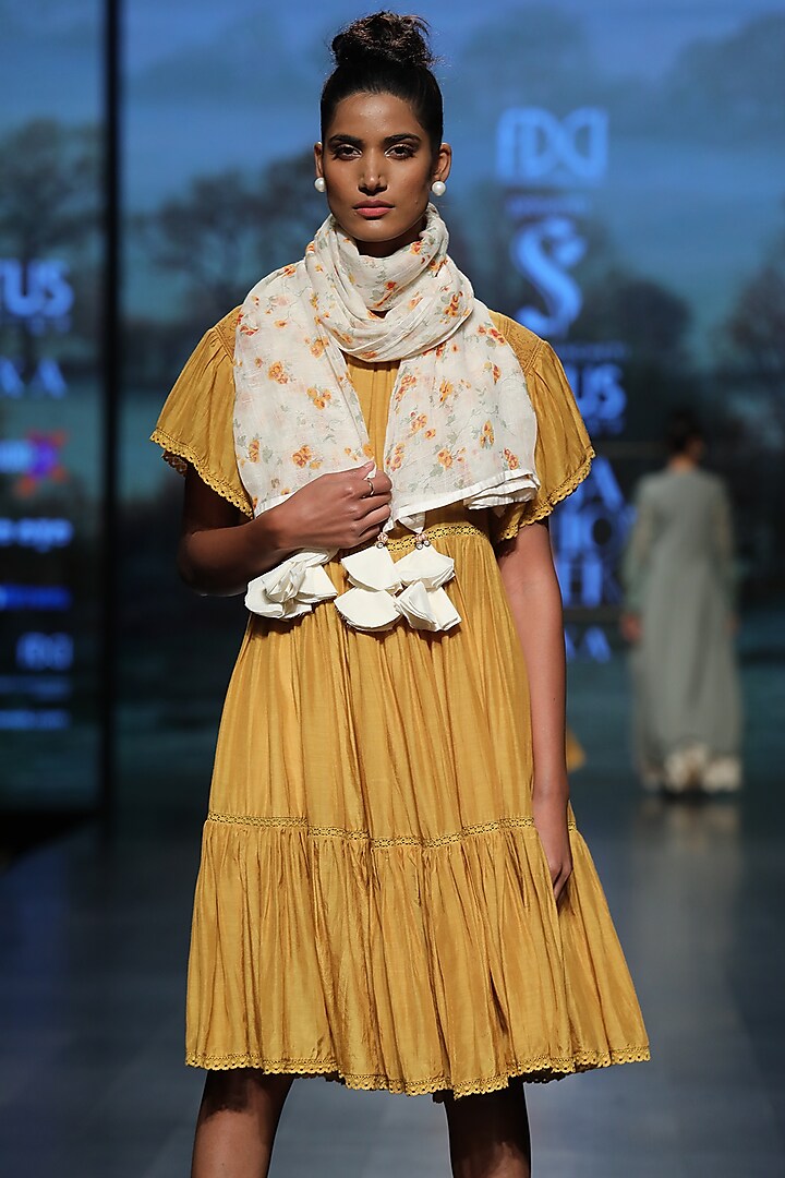 Mustard lace dress by Pinnacle By Shruti Sancheti
