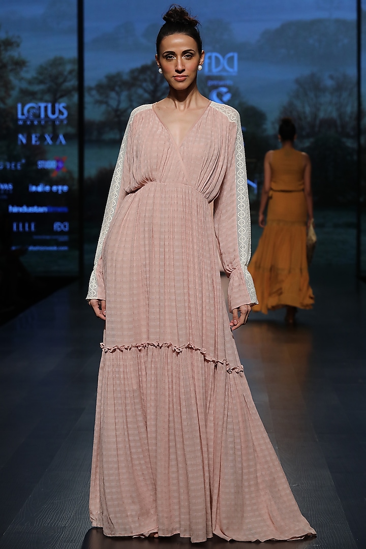 Pastel pink gathered maxi dress by Pinnacle By Shruti Sancheti