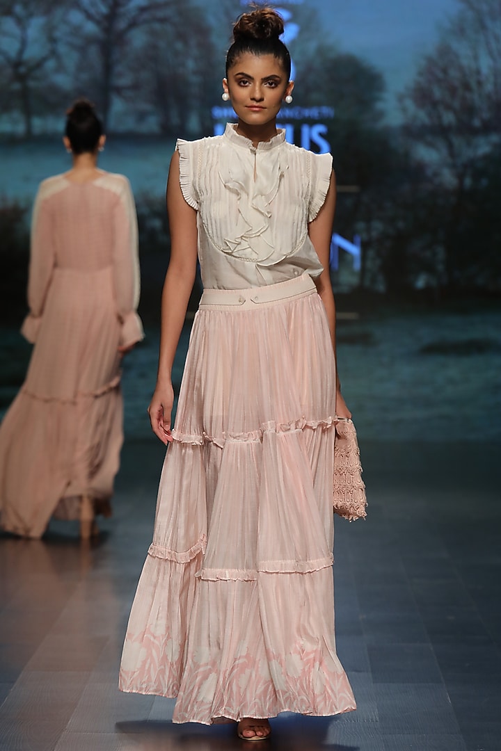 Light beige frill top by Pinnacle By Shruti Sancheti at Pernia's Pop Up Shop