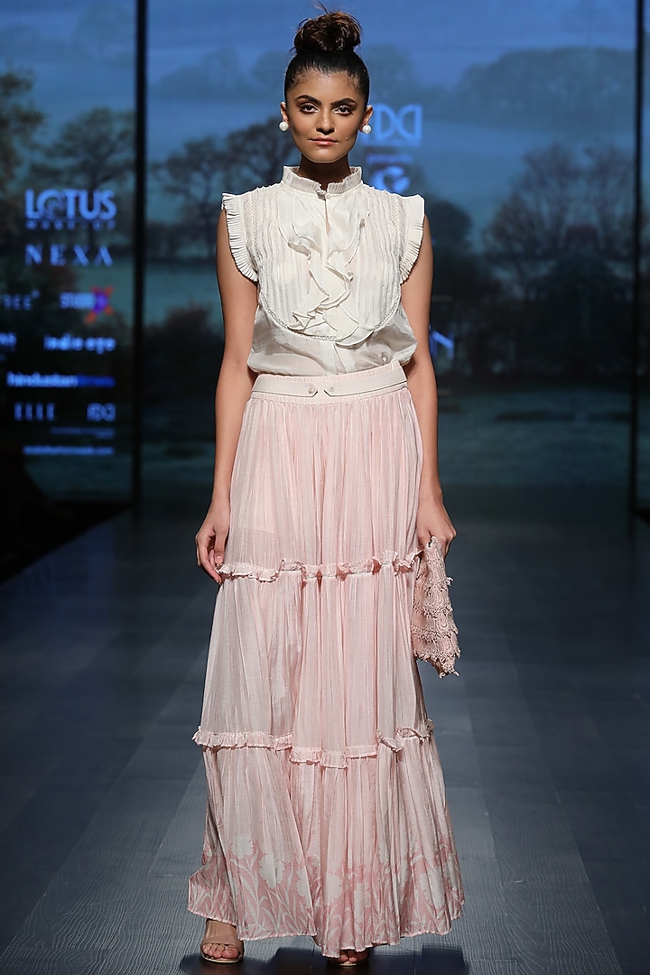 Light beige frill top by Pinnacle By Shruti Sancheti at Pernia's Pop Up Shop