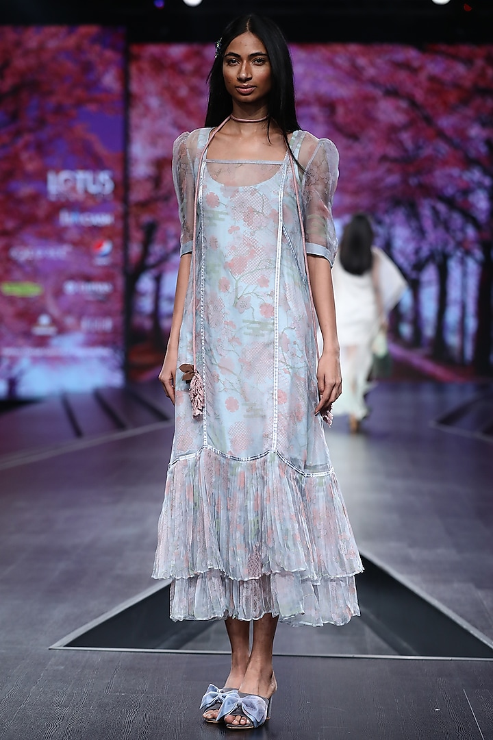 Pigeon Blue Printed Dress With Knitted Slip by Pinnacle By Shruti Sancheti
