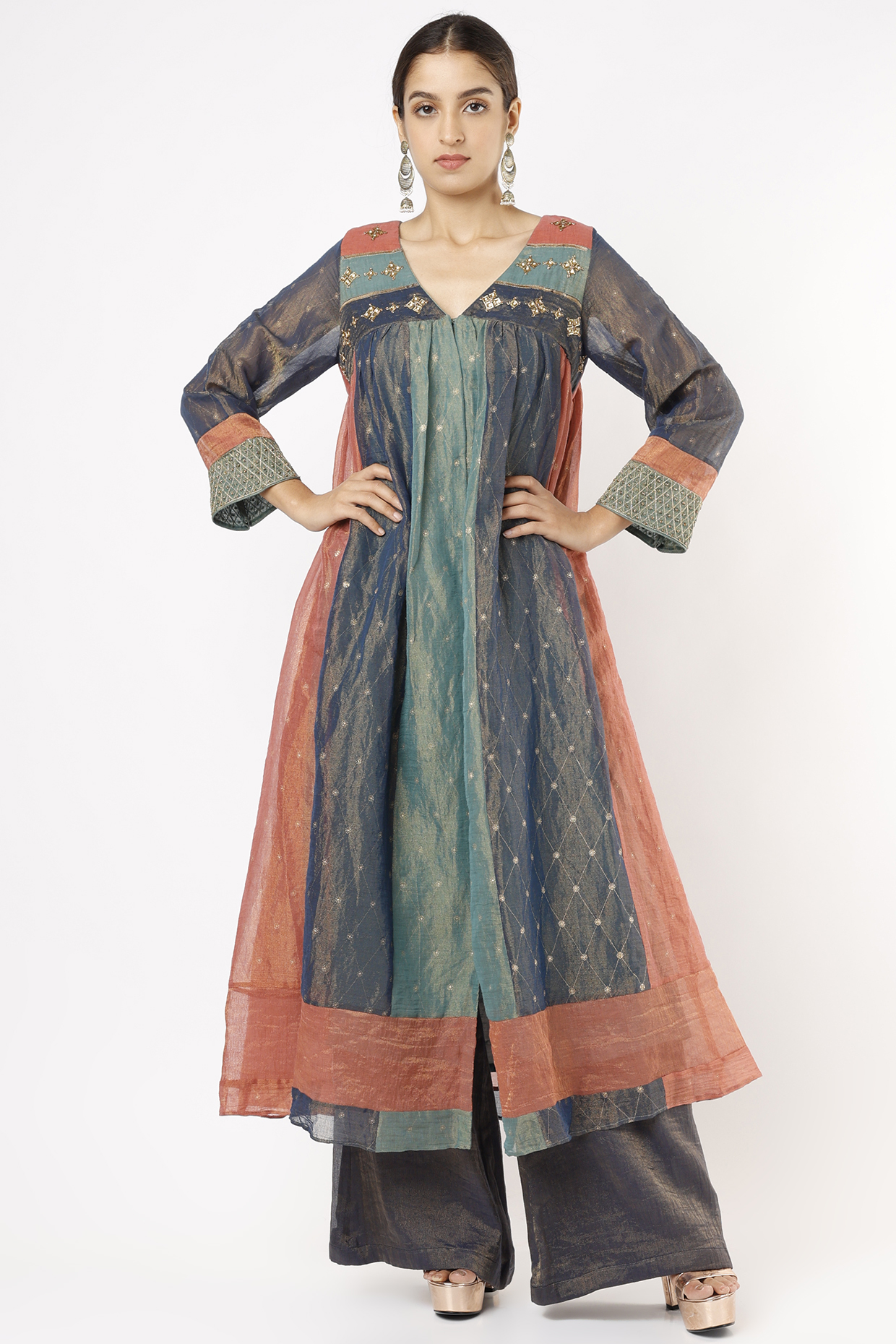 Rust, Green, & Lucid Blue Color Blocked Tunic Set by Pinnacle By Shruti Sancheti at Pernia's Pop Up Shop