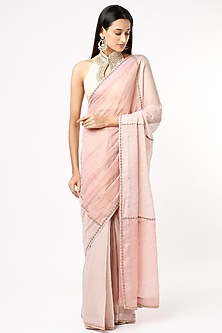 Blush Pink Gold Tissue Color Blocked Saree Set by Pinnacle By Shruti Sancheti-PINNACLE BY SHRUTI SANCHETI