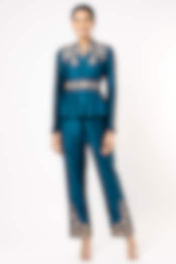 Teal Blue Embroidered Peplum Jacket Set by Pinnacle By Shruti Sancheti at Pernia's Pop Up Shop