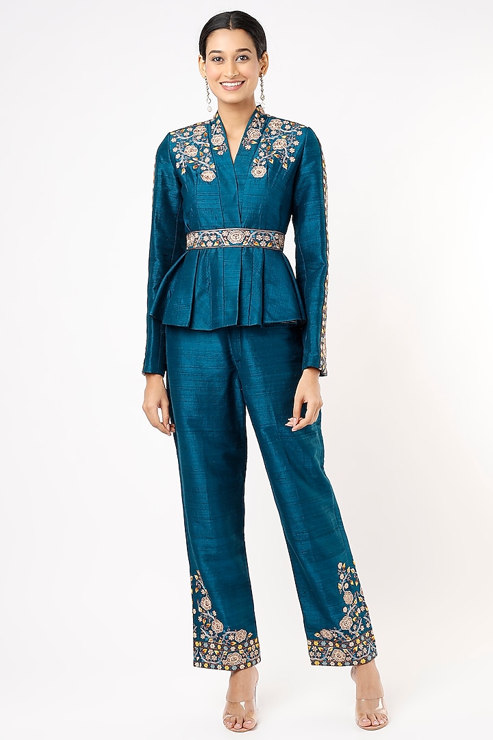 Teal Blue Embroidered Peplum Jacket Set by Pinnacle By Shruti Sancheti at Pernia's Pop Up Shop